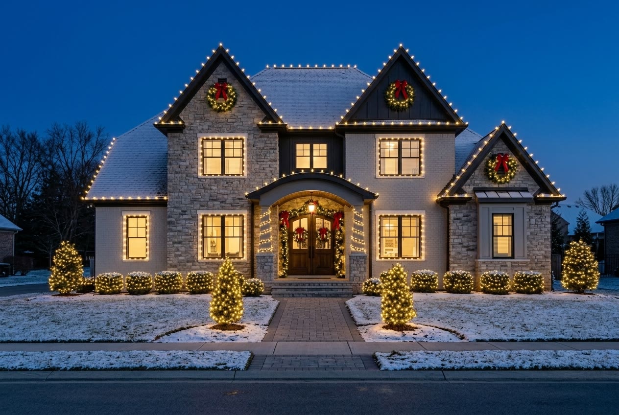 A stone and brick estate home at night with warm white holiday lights, wreaths, and garland around the front doors, rendered by PressureWashingOS from one street photo