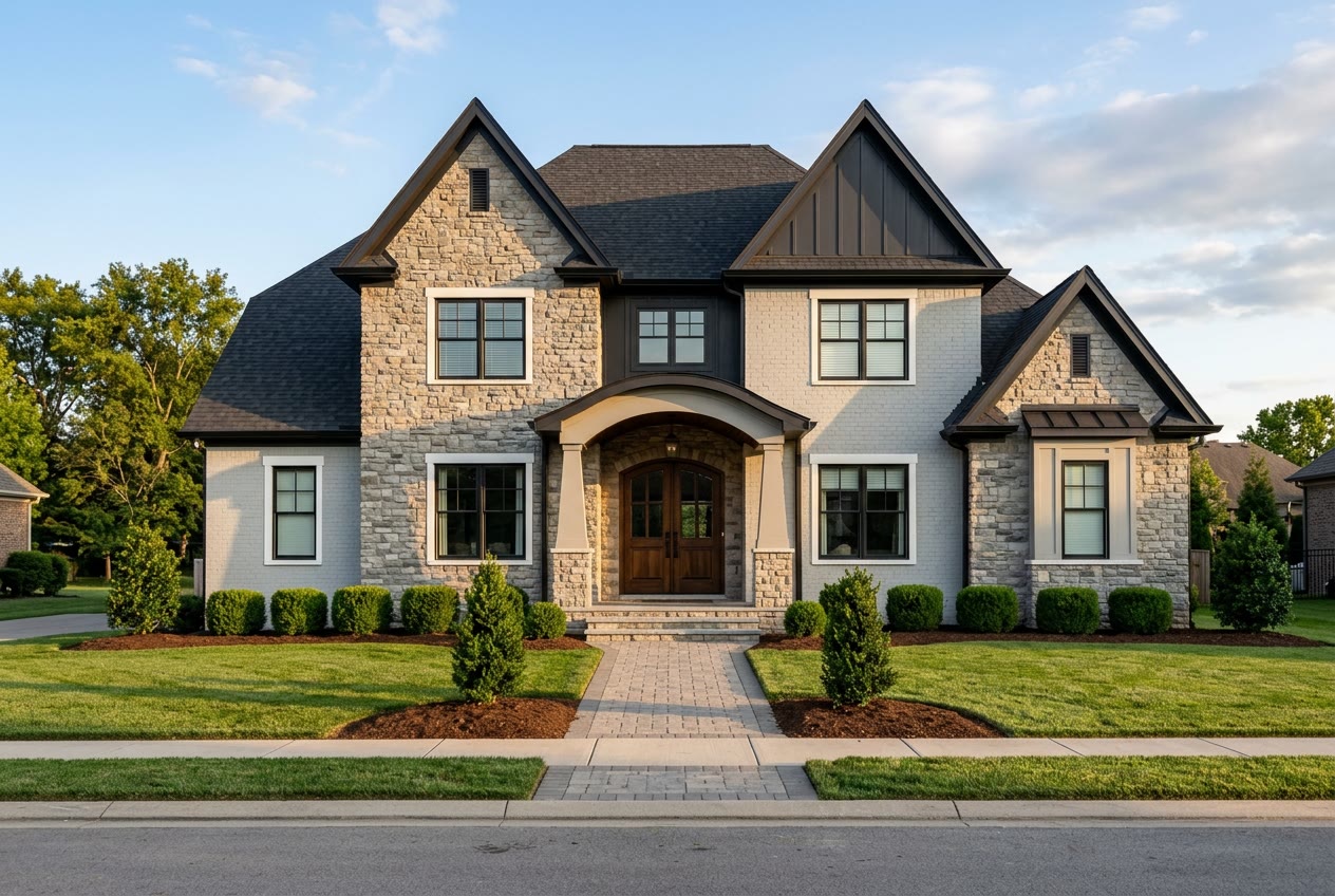 An upscale stone and brick estate home on an ordinary golden-hour afternoon