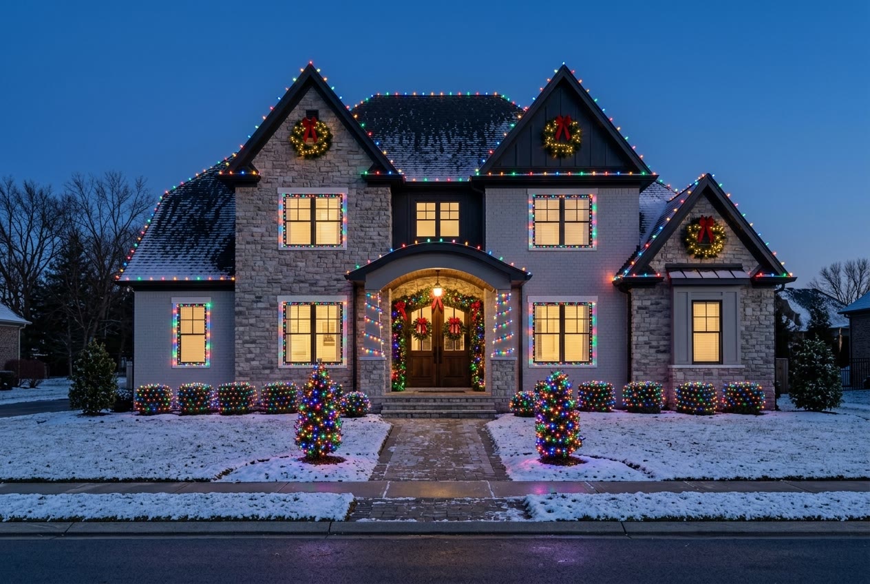 Stone and brick estate at night with multicolor C9s on every gable, multicolor window frames, lit trees and bushes, and garland with red bows around the front doors