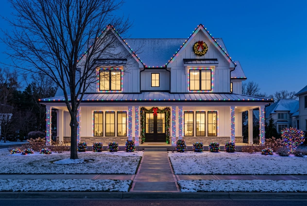 Modern white farmhouse on a snowy night with multicolor C9s along the roofline and porch, candy-striped posts, and multicolor bushes