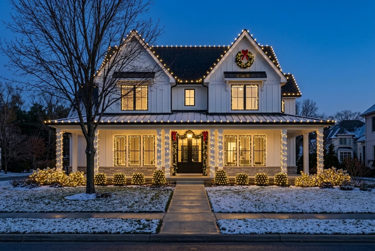 Modern white farmhouse at night with warm white lights along the roof and porch, wrapped porch posts, glowing boxwoods, and garland at the black double door