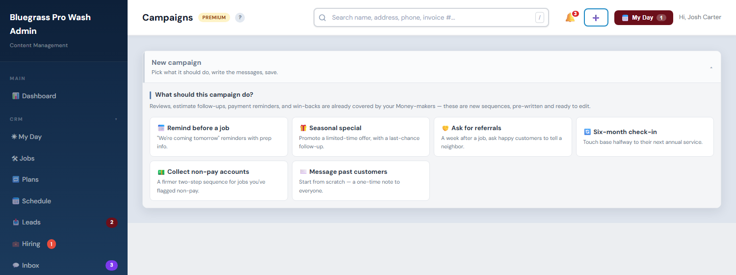 The new-campaign picker: six pre-written sequences like Seasonal special, Ask for referrals, and Collect non-pay accounts