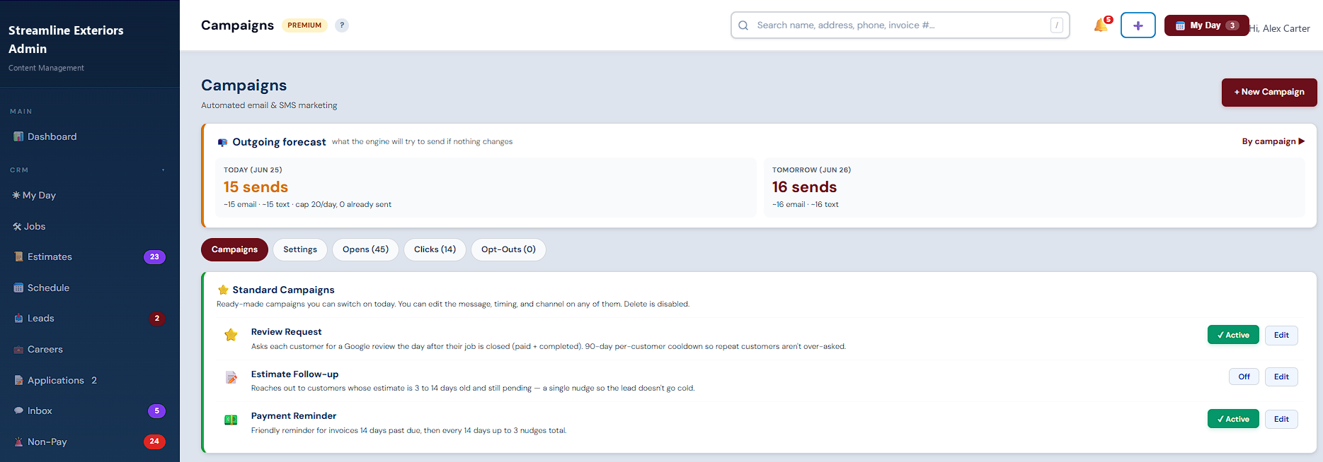 Campaigns page showing the outgoing forecast, active review request and reminder campaigns with sent, open and click stats