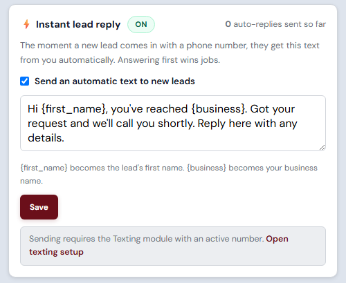 The Instant lead reply card on the Leads page: one toggle, an editable message template, and a running sent count