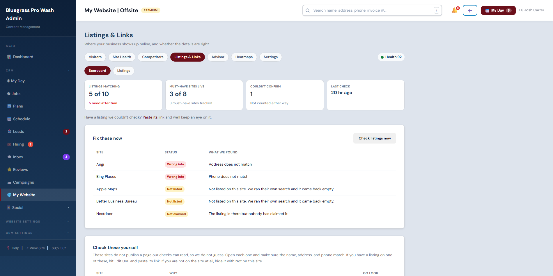 Listings and Links scorecard showing which business listings match, which have wrong info, and which are missing