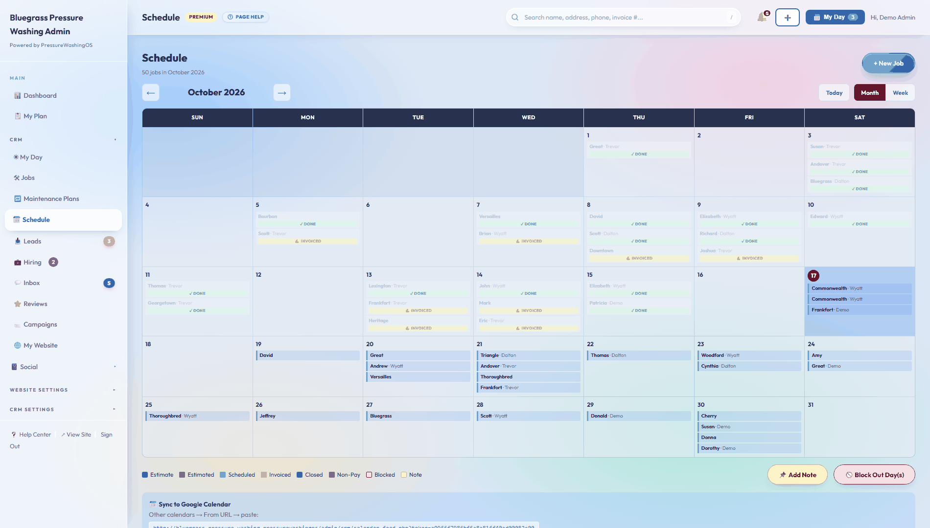 Month calendar with job pills, shared day notes, and a blocked-out day