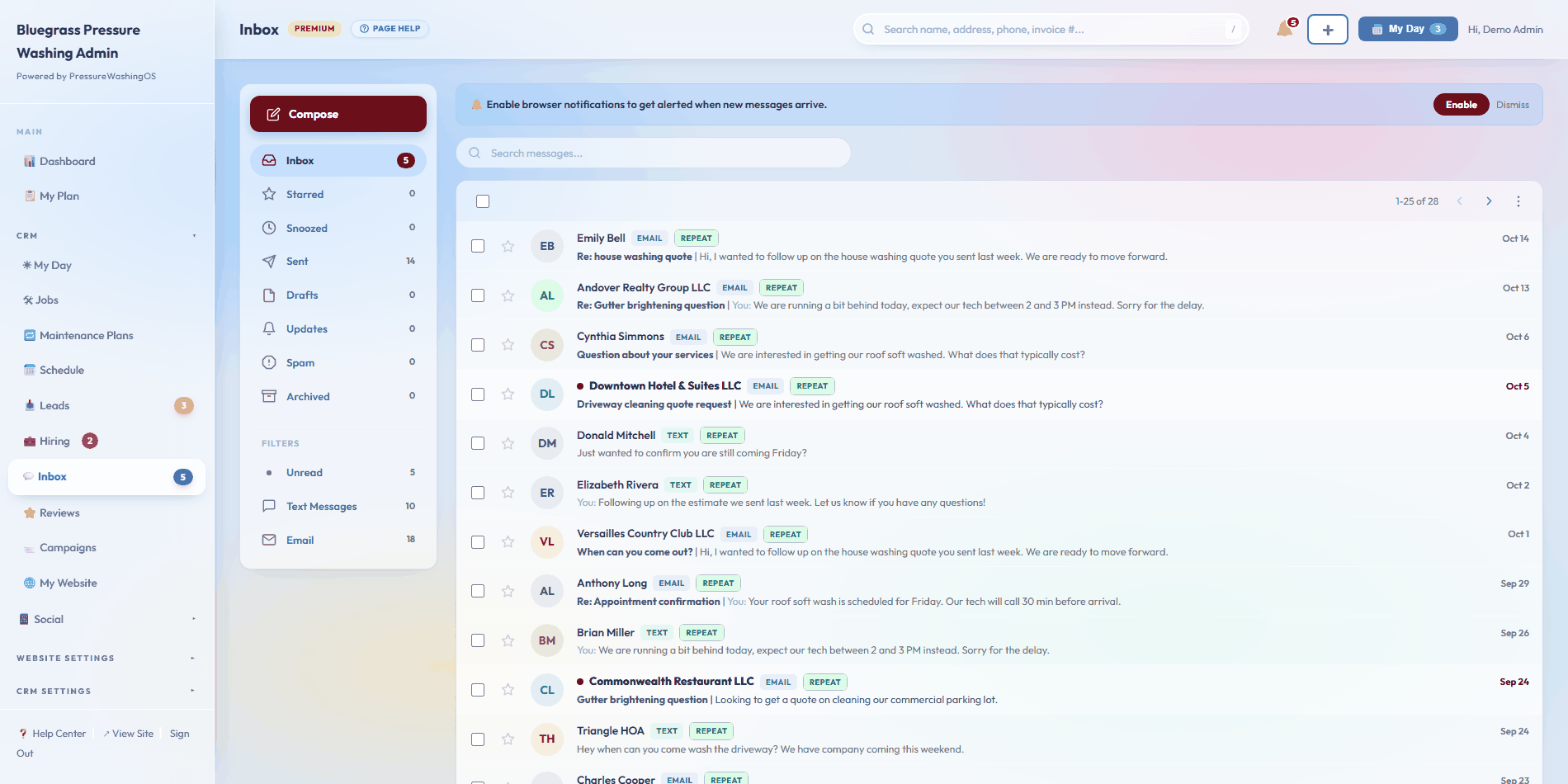 PressureWashingOS inbox with folders and live counts, unread conversations, starred threads, and text and email messages together