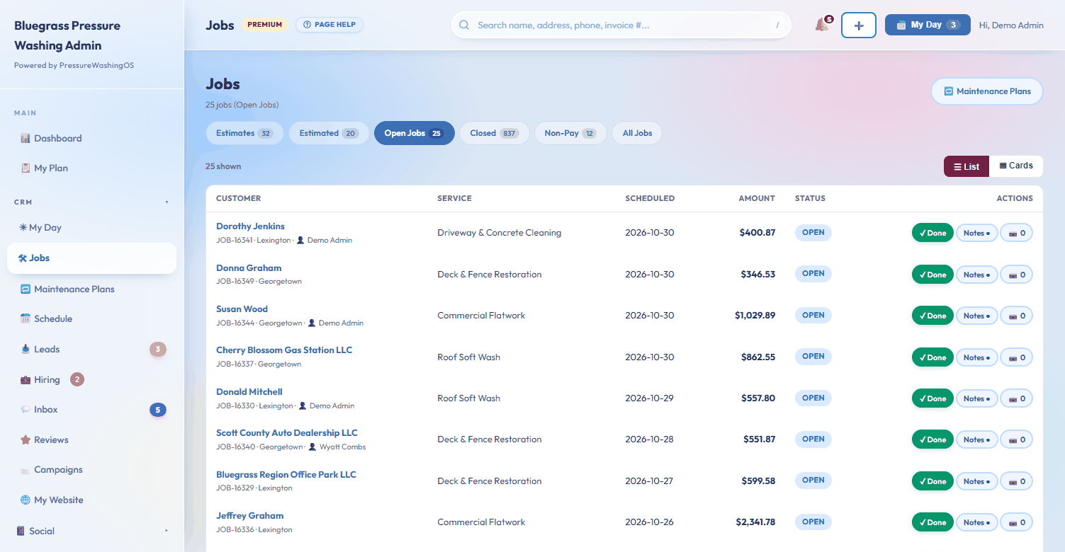 The Jobs list: twenty-five open jobs as sortable rows with customer, service, date, amount, status, and one-click actions