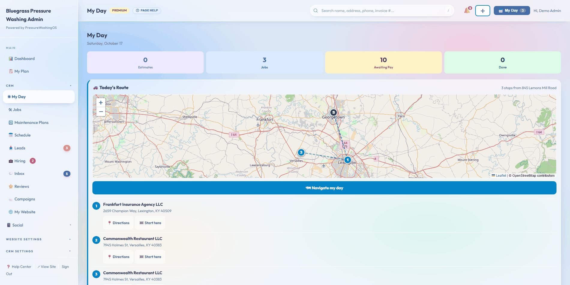 My Day showing today's route mapped with five stops and the day's jobs listed