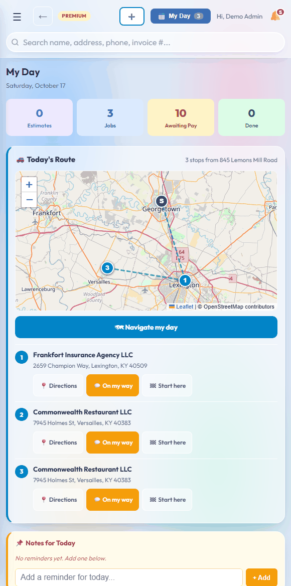 Today's Route on a phone: five stops mapped in the best driving order with one-tap day navigation and on-my-way texts